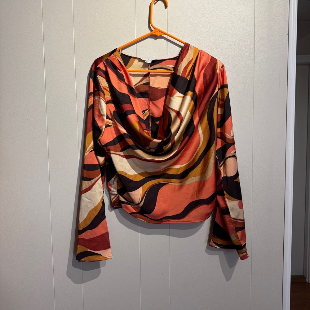 HYFVE Groovy Swirl Multicolor Pattern 70’s or Y2K vibe top with flare sleeves